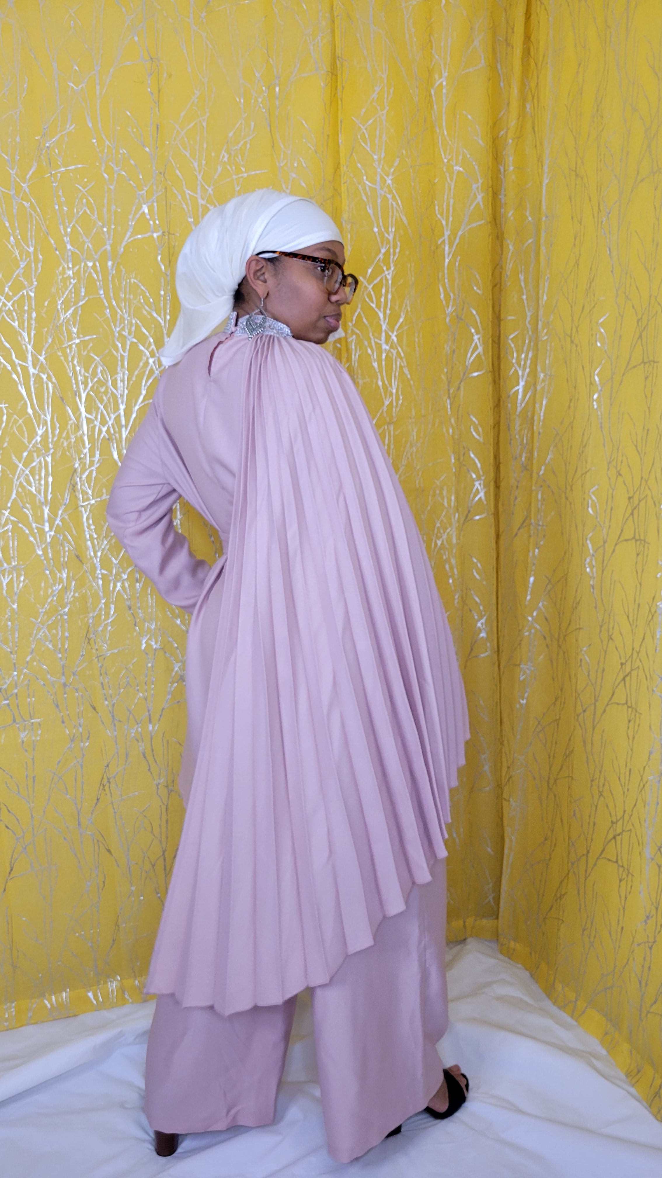 Pink Set with Silver Nehru Collar,  Extended Draped Pleats with Pants